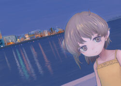 Rule 34 | 1girl, absurdres, alternate costume, bandaid on ear, blue sky, brown eyes, brown hair, camisole, closed mouth, dusk, hatoba tsugu, highres, looking at viewer, medium hair, mole, mole under eye, momomoto82, ocean, one side up, onomichi (city), outdoors, real world location, reflection, reflective water, sky, skyline, smile, solo, town, tsugu (vtuber), upper body, virtual youtuber, yellow camisole
