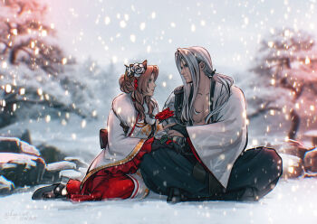 1boy 1girl aerith_gainsborough aerith_gainsborough_(festive_crimson_attire) black_hakama black_socks boots bridal_gauntlets brown_gloves brown_hair commentary dated final_fantasy final_fantasy_vii final_fantasy_vii:_ever_crisis flower frilled_kimono frills full_body fur-trimmed_kimono fur_trim gloves gold_trim green_eyes grey_hair hair_bun hair_flower hair_ornament hair_over_shoulder hair_stick hair_tie hakama hetero holding holding_flower indian_style japanese_clothes kay-i kimono long_hair looking_at_another low_ponytail official_alternate_costume official_alternate_hairstyle open_clothes open_kimono outdoors parted_bangs pectorals ponytail red_flower red_trim sandals sephiroth sephiroth_(one_with_the_blade) sidelocks sitting snowing socks symbol-only_commentary tassel tassel_hair_ornament twitter_username updo white_flower white_kimono wide_sleeves winter