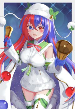 :d absurdres bell blue_eyes blue_gloves blue_hair blush cape commentary_request crossed_bangs detached_sleeves dress female_alear_(fire_emblem) female_alear_(gifted_dragons)_(fire_emblem) fire_emblem fire_emblem_engage fire_emblem_heroes gloves hair_between_eyes hat heterochromia highres holding holding_bell long_hair multicolored_hair nintendo official_alternate_costume open_mouth red_eyes red_hair short_dress smile split-color_hair tarutaru193 thighhighs two-tone_hair very_long_hair white_cape white_hat