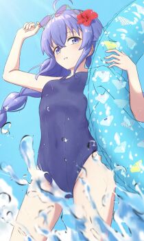 1girl adjusting_eyewear ahoge alternate_costume blue_background blue_eyes blue_hair blue_one-piece_swimsuit braid breasts commentary_request covered_navel crossed_bangs eyewear_on_head flower gradient_background groin hair_between_eyes hair_flower hair_ornament hand_on_eyewear hands_up highres holding holding_swim_ring innertube long_braid long_hair looking_at_viewer mushoku_tensei one-piece_swimsuit parted_lips purple-tinted_eyewear roxy_migurdia school_swimsuit small_breasts solo splashing standing sunaken_(su_sann00) sunglasses swim_ring swimsuit tinted_eyewear twin_braids very_long_hair