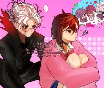 Rule 34 | ..., 1girl, 2boys, ayase momo, black choker, black hair, black jacket, black pants, blue skirt, bow, bowtie, brown hair, choker, collared shirt, commentary request, crossed bangs, dandadan, dual persona, facial mark, feet out of frame, frown, gakuran, glasses, hair between eyes, highres, hugging own legs, jacket, kakko xxx, looking at another, medium hair, multicolored hair, multiple boys, pants, parted bangs, pink background, pink sweater, red bow, red bowtie, red eyes, red hair, round eyewear, school uniform, shirt, short hair, skirt, socks, spoken ellipsis, spoken squiggle, squiggle, streaked hair, sweater, takakura ken (dandadan), takakura ken (transformed) (dandadan), wavy hair, white hair, white shirt, white socks