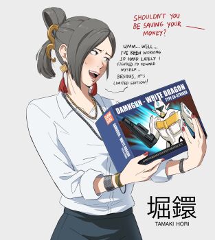 1girl blush box_art bracelet brand_name_imitation character_name commentary earrings english_commentary english_text francisco_mon gold_bracelet grey_hair gunpla hair_tie highres jewelry mecha mixed-language_text mobile_suit model_kit nail_polish original robot solo watch wristwatch