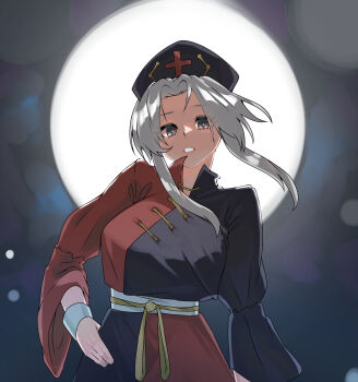 Rule 34 | 1girl, absurdres, adapted costume, alternate hairstyle, amateru, blue dress, breasts, commentary, constellation print, cross, dress, full moon, grey eyes, grey hair, hand on own hip, hat, highres, large breasts, long hair, long sleeves, looking at viewer, moon, nurse cap, print hat, red cross, red dress, solo, touhou, two-tone dress, wide sleeves, yagokoro eirin