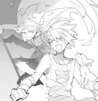 Rule 34 | 2boys, animal, animal on arm, bad id, bad twitter id, bracelet, cape, cookie run, cookie run: ovenbreak, dino-sour cookie, dinosaur, eye contact, fiery hair, fire spirit cookie, greyscale, humanization, inactive account, jellysaur, jewelry, looking at another, male focus, monochrome, multiple boys, nana (ebitokanimiso), open mouth, painttool sai (medium), print tank top, short hair, simple background, sketch, tank top, white background