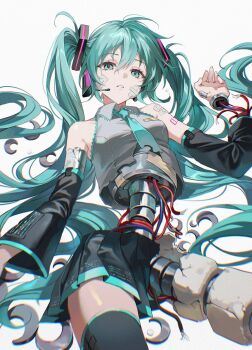 1girl absurdres aqua_eyes aqua_hair aqua_necktie bandaid bandaid_on_face bare_shoulders black_skirt black_sleeves black_thighhighs cable damaged detached_sleeves grey_shirt hair_between_eyes hatsune_miku headphones highres long_hair looking_at_viewer microphone necktie number_tattoo parted_lips pong_(pong_o0) robot shirt shoulder_tattoo skirt solo tattoo thighhighs twintails very_long_hair vocaloid