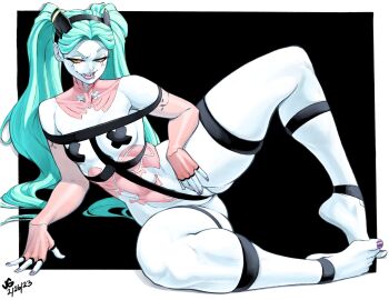 1girl aqua_hair breasts commentary cross cross_pasties cyberpunk:_edgerunners cyberpunk_(series) elbow_gloves english_commentary fingerless_gloves gloves highres jgeorgedrawz long_hair looking_at_viewer lying on_side pale_skin pasties pink_gloves pink_nails rebecca_(cyberpunk) signature small_breasts solo twintails