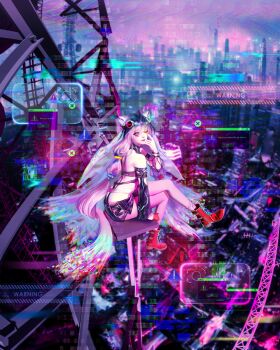 000_(path_to_nowhere) 1girl ;p absurdres ahoge akanbe aqua_eyeliner asymmetrical_eyeliner asymmetrical_sleeves black_hair black_shorts black_sleeves boots chinese_commentary cityscape closed_mouth commentary_request cross-laced_clothes cross-laced_shorts detached_sleeves english_text eyelashes eyelid_pull eyeliner eyeshadow fishnet_sleeves fishnets foot_dangle from_side garlic_gummy glitch gloves hair_between_eyes highres lace-up_boots latex_top long_hair long_sleeves makeup mismatched_sleeves multicolored_hair nail_polish one_eye_closed outdoors path_to_nowhere purple_eyeshadow purple_nails red_boots red_gloves scaffolding shorts sign single_glove sitting smile solo star-shaped_pupils star_(symbol) symbol-shaped_pupils tongue tongue_out twintails two-tone_hair veil very_long_hair warning_sign white_hair white_veil wide_shot window_(computing)