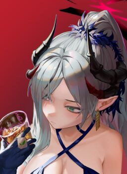 aircctzillie black_halo black_horns blue_archive breasts cleavage criss-cross_halter cup curved_horns demon_horns dress elbow_gloves gloves gradient_horns grey_hair hair_over_one_eye halo halter_dress halterneck highres holding holding_cup horns looking_to_the_side makoto_(blue_archive) makoto_(dress)_(blue_archive) multicolored_horns multiple_horns official_alternate_costume pointy_ears ponytail red_background red_halo tea teabag upper_body