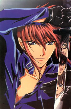 1990s_(style) 1boy absurdres close-up closed_mouth collarbone fujimiya_ran gloves highres jacket looking_at_viewer magazine_scan male_focus non-web_source official_art open_clothes open_shirt purple_eyes red_hair retro_artstyle scan shirt smile solo unzipped upper_body weiss_kreuz zipper