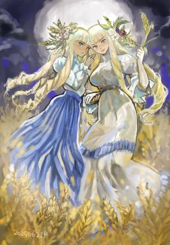 Rule 34 | 2girls, blonde hair, blue eyes, blue skirt, blush, commentary, dated, dianna soreil, dress, drill hair, elbow gloves, flower, full moon, gloves, gundam, hair flower, hair ornament, highres, holding wheat, kihel heim, long dress, long skirt, look-alike, looking at viewer, moon, multiple girls, okrdisk2000, shirt, skirt, smile, turn a gundam, wheat field, white dress, white gloves, white shirt