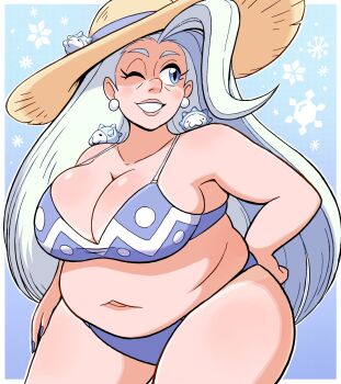 1girl bikini blonde_hair blue_background blue_bikini blue_eyes blue_nails breasts fat fat_woman gen_8_pokemon grey_hair hand_on_own_hip hat highres large_breasts lolomendoza mature_female melony_(pokemon) multicolored_hair nail_polish nintendo one_eye_closed plump pokemon pokemon_(creature) pokemon_swsh smile snom straw_hat swimsuit thick_thighs thighs wide_hips wink