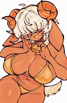 1girl absurdres animal_ears bell bikini body_freckles breasts chani_chantiyii covered_eyes dark-skinned_female dark_skin dripping freckles goat_ears goat_girl goat_horns goat_tail gold_bikini hair_over_eyes highres holding holding_bell horns large_breasts navel neck_bell open_mouth original plump short_hair smile solo swimsuit tail thick_thighs thighs