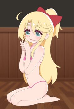 1girl ahoge arbolito barefoot bikini blonde_hair bow flat_chest from_side green_eyes hair_bow hands_up highres himesaka_noa indoors loli long_hair looking_at_viewer looking_to_the_side navel pink_bikini red_bow seiza sitting smile solo string_bikini swimsuit watashi_ni_tenshi_ga_maiorita!