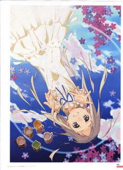 1girl absurdres ano_hi_mita_hana_no_namae_wo_bokutachi_wa_mada_shiranai. blue_eyes blue_sky cloud cup dress flower forget-me-not_(flower) grey_hair highres honma_meiko incredibly_absurdres long_hair reaching reflection scan sky smile solo tanaka_masayoshi water white_dress