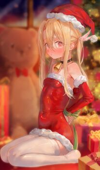 1girl absurdres bell blonde_hair breasts christmas commentary fate/kaleid_liner_prisma_illya fate_(series) gift hat highres illyasviel_von_einzbern kaze_22 korean_commentary long_hair looking_at_viewer revision santa_hat small_breasts solo thighhighs white_thighhighs