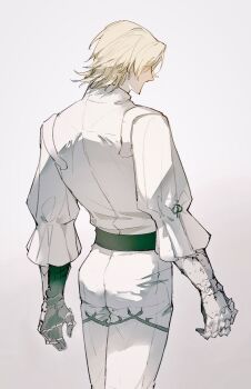 Rule 34 | 1boy, armor, blonde hair, dion lesage, feet out of frame, final fantasy, final fantasy xvi, frilled sleeves, frills, from behind, gauntlets, gigantickim ff, highres, long sleeves, male focus, pants, shirt, short hair, simple background, solo, white background, white pants, white shirt, white theme