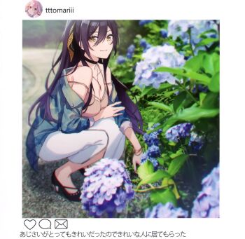 Rule 34 | 1girl, bad link, bare shoulders, blush, breasts, flower, high heels, highres, hydrangea, idolmaster, idolmaster shiny colors, jewelry, long hair, looking at viewer, necklace, shirase sakuya, squatting, tomari (veryberry00)