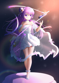 Rule 34 | 1girl, absurdres, ankleband, bottle, choker, commentary request, detached sleeves, dian zhi sang, dress, gochuumon wa usagi desu ka?, hair bun, highres, long hair, looking at viewer, purple eyes, purple hair, ribbon, tedeza rize
