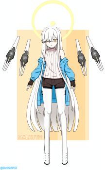 1girl absurdres blindfold blue_archive breasts colored_skin earthbiti extra_pupils fin_funnels floating floating_object floating_weapon funnels_(gundam) hair_over_one_eye halo highres large_hat long_hair malkuth_(blue_archive) mask mechanical_tail non-web_source original renti respirator ring_of_light_(blue_archive) segmented_tail siblings simple_background symbol-shaped_pupils tail triplets very_long_hair white_background white_hair white_skin white_tongue x-shaped_pupils yellow_eyes yellow_halo
