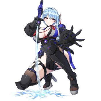 1girl armor blue_hair boots breasts cleavage dolphin_wave game_cg gloves hair_bun hair_ornament highres japanese_armor katana large_breasts light_frown loincloth long_hair looking_at_viewer nayuki_hiori non-web_source official_alternate_costume official_alternate_hairstyle official_art ootomo_takuji planted planted_sword planted_weapon platform_heels red_eyes single_sidelock solo sword thigh_boots transparent_background weapon