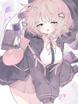 Rule 34 | 1girl, animal bag, artist name, black jacket, bob cut, breasts, brown hair, brown skirt, cat bag, collared shirt, commentary, cowboy shot, danganronpa (series), danganronpa 2: goodbye despair, dress shirt, game boy advance, game boy advance (original), game boy advance sp, game console, hair ornament, hairclip, handheld game console, highres, hood, hood up, imaichichan, instagram username, jacket, light blush, looking at viewer, medium breasts, messy hair, nanami chiaki, neck ribbon, neo geo aes, open clothes, open jacket, open mouth, own hands together, pink bag, pink eyes, pink ribbon, playstation 2, pleated skirt, ribbon, shirt, sidelocks, skirt, solo, twitter username, white background, white shirt