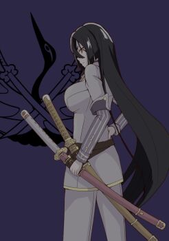 Rule 34 | 1girl, akatuki no you, black hair, breasts, brown eyes, closed mouth, commentary request, cowboy shot, from side, hand on own hip, jacket, katana, large breasts, long hair, long sleeves, looking at viewer, origami yukari, pants, purple background, purple shirt, sheath, sheathed, shirt, simple background, solo, standing, striped clothes, striped shirt, sword, toji no miko, very long hair, weapon, white jacket, white pants