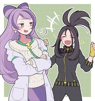 2girls black_hair black_jacket black_pants blush border coat commentary_request crossed_arms dendra_(pokemon) earrings fingerless_gloves gloves green_background green_eyes grid_background highres jacket jewelry lab_coat long_hair long_sleeves looking_at_another miriam_(pokemon) multiple_girls nintendo open_clothes open_coat open_mouth outside_border pants pokemon pokemon_scarlet_and_violet pon_(soy_yassa_p) puff_of_air purple_hair purple_skirt skirt stethoscope_around_neck sweatdrop sweater white_border white_coat yellow_gloves yellow_nails yellow_sweater