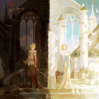 1boy 1girl a-shacho animal armlet belt bird blonde_hair blue_eyes blue_sky boots bow brother_and_sister brown_cape brown_footwear brown_pants building cape castle chinese_commentary closed_eyes cloud cloudy_sky commentary_request comparison day day_and_night detached_sleeves dove dress fur-trimmed_cape fur_trim grey_sky grin hair_bow highres holding holding_sword holding_weapon jewelry kagamine_len kagamine_rin knee_boots long_dress looking_to_the_side music night pants pillar plant planter polar_opposites ponytail potted_plant railing rubble ruins shawl short_hair siblings singing sky smile split_screen stairs standing strapless strapless_dress swept_bangs sword symmetry synchronicity_(vocaloid) twins two-sided_fabric vines vocaloid weapon white_dress