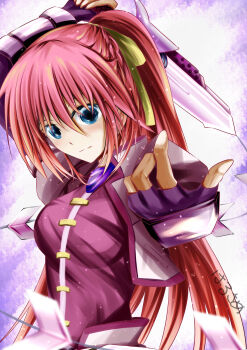 Rule 34 | 1girl, absurdres, arm guards, beckoning, blue eyes, braid, breasts, closed mouth, commentary request, cropped jacket, crown braid, fingerless gloves, gloves, hair between eyes, hair ribbon, high ponytail, highres, holding, holding sword, holding weapon, holding whip, laevatein (nanoha), large breasts, long hair, lyrical nanoha, magical girl, mahou shoujo lyrical nanoha strikers, open hand, pink hair, ponytail, purple gloves, reaching, reaching towards viewer, ribbon, short sleeves, signum, smile, solo, suzus suzus, sword, upper body, weapon, whip, whip sword, yellow ribbon