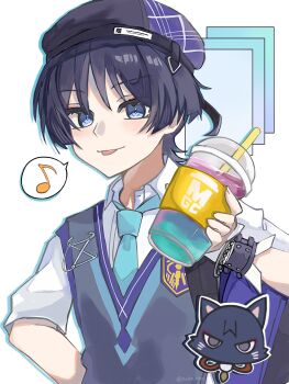 1boy aqua_necktie aqua_trim arm_behind_back backpack bag bead_bracelet beads beret black_hair black_hat blue_eyes blue_trim blunt_ends bracelet closed_mouth collared_shirt commentary_request contemporary cup disposable_cup drinking_straw eyelashes eyeliner eyeshadow fingernails genshin_impact grey_sweater_vest hand_up hat highres holding holding_cup jewelry looking_at_viewer makeup male_focus musical_note necktie official_alternate_costume purple_bag red_eyeliner red_eyeshadow scaramouche_(cat)_(genshin_impact) scaramouche_(genshin_impact) school_uniform shirt short_sleeves solo spoken_musical_note suke_nnn sweater_vest tongue tongue_out twitter_username undershirt upper_body wanderer_(genshin_impact) wanderer_(mega_mgc_coffee)_(genshin_impact) white_background white_shirt white_sleeves white_wrist_cuffs wispy_bangs wrist_cuffs