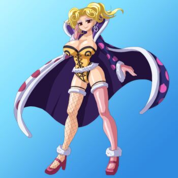 Rule 34 | 1girl, alternate breast size (larger), artist request, asymmetrical clothes, asymmetrical legwear, blonde hair, blue background, breasts, brown eyes, cleavage, coat, collarbone, earrings, eyeshadow, fishnet thighhighs, fishnets, full body, fur-trimmed coat, fur trim, high heels, highleg, highleg leotard, honey queen, jewelry, large breasts, leotard, lipstick, long hair, looking at viewer, makeup, one piece, one piece: clockwork island adventure, red lips, revealing clothes, smile, thighhighs, twintails