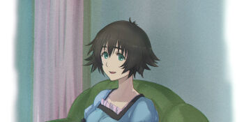 1girl aqua_eyes black_bow black_hair black_trim blue_dress blue_eyes bow chest_bow collar collarbone couch dress frilled_collar frills future_gadget_lab green_couch highres looking_at_viewer medium_hair menomorute on_couch open_mouth pink_frills puffy_short_sleeves puffy_sleeves science_adventure shiina_mayuri short_hair short_sleeves sitting smile solo steins;gate tareme tongue upper_body
