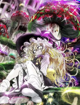 1girl back_bow black_shoes blonde_hair bow braid braided_sidelock building closed_mouth curly_hair diffraction_spikes dithering eyeball eyelashes from_below giant_mushroom hair_bow hand_on_own_knee hat hat_bow highres inu_no_nou_saibou kirisame_marisa knees_up large_hat log long_hair long_sleeves looking_down moss mushroom pale_skin poison_mushroom purple_bow shoes single_sidelock sitting skirt solo sweat touhou witch witch_hat yellow_bow yellow_eyes