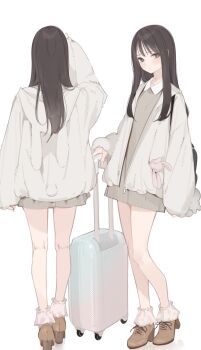 Rule 34 | 1girl, ama mitsuki, black eyes, black hair, boots, brown boots, commentary request, from behind, full body, high heel boots, high heels, highres, jacket, long hair, long sleeves, multiple views, open clothes, open jacket, original, rolling suitcase, simple background, standing, suitcase, white background, white jacket