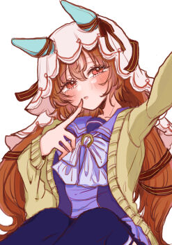 1girl absurdres animal_ears blush bow bowtie commentary_request ear_ribbon finger_to_mouth grey_hair hair_between_eyes hands_up hat hat_ribbon highres horse_ears horse_girl index_finger_raised long_hair medium_hair purple_sailor_collar purple_shirt purple_thighhighs red_eyes red_ribbon ribbon rinren_(chun8chun8chun) sailor_collar school_uniform selfie shirt solo still_in_love_(umamusume) thighhighs tracen_school_uniform umamusume veil very_long_hair white_bow white_bowtie white_veil