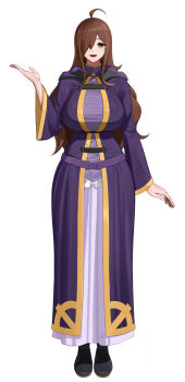 1girl ahoge arm_at_side black_boots boots breasts brown_hair commentary_request cross full_body hair_over_one_eye hand_up highres huge_breasts kono_subarashii_sekai_ni_shukufuku_wo! latin_cross long_hair long_sleeves looking_at_viewer open_mouth purple_robe robe senju_(snz0) simple_background solo standing taut_clothes white_background wiz_(konosuba) yellow_eyes