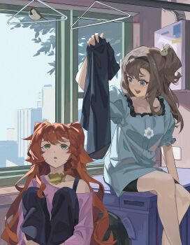 2girls :d absurdres bird black_shorts blue_eyes blue_pants blue_shirt blue_sky building choker clothes_hanger frilled_sleeves frills green_eyes grey_hair hand_up highres holding_cloth hugging_own_legs indoors knees_to_chest long_hair looking_at_animal looking_at_another looking_to_the_side looking_up matilda_bouanich medium_hair multiple_girls one_side_up open_mouth orange_hair pants pink_shirt reverse:1999 shirt short_sleeves shorts single_bare_shoulder single_off_shoulder sitting sky smile sonetto_(reverse:1999) sparrow star_(symbol) star_choker triangle_mouth turning_head two_side_up washing_machine water_heater window zzzzzziyao