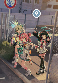 3girls absurdres angels_of_delusion aria_(zenless_zone_zero) black_hair black_skirt black_thighhighs blunt_bangs blush boots breasts choker colored_inner_hair detached_sleeves dress green_eyes green_hair grin halo high_school_girls_posing_for_google_street_view_(meme) highres junmin long_hair looking_at_viewer meme multicolored_hair multiple_girls nangong_yu necktie pink_hair quad_tails red_eyes shirt skirt small_breasts smile sunna_(zenless_zone_zero) thighhighs twintails white_boots white_dress white_shirt wings zenless_zone_zero