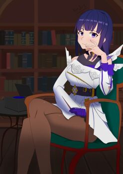 Rule 34 | 1girl, absurdres, book, brown pantyhose, chair, closed mouth, commentary request, crossed legs, gloves, highres, hime cut, honkai (series), honkai impact 3rd, indoors, jacket, kenjo9797, library, long hair, looking at viewer, pantyhose, purple eyes, purple gloves, purple hair, raiden mei, raiden mei (apho), single glove, single sleeve, sitting, smile, solo, white jacket