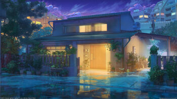 3d arsenixc artist_name building cloud copyright_name highres house ladder love_money_rock'n'roll mixed-language_commentary night no_humans plant potted_plant scenery stepladder tree watering_can watermark