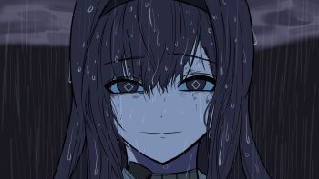 1girl absurdres arknights black_hair black_hairband choebal1356201 close-up commentary diamond-shaped_pupils diamond_(shape) eye_twitch hairband hashtag-only_commentary highres long_hair looking_at_viewer portrait priestess_(arknights) rain reze&#039;s_eye_twitch_(chainsaw_man) scene_reference smile solo symbol-shaped_pupils wet wet_hair