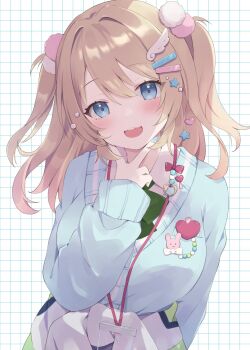 1girl :3 aqua_cardigan aqua_nails blonde_hair blue_eyes bow bowtie breasts cardigan clothes_around_waist feather_hair_ornament feathers flute_melville green_bow green_bowtie hair_ornament heart heart_hair_ornament highres jacket jacket_around_waist lanyard large_breasts long_hair looking_at_viewer loveyuzu muv-luv muv-luv_girls_garden open_mouth pom_pom_(clothes) pom_pom_hair_ornament shirt solo star_(symbol) star_hair_ornament teeth two_side_up upper_body upper_teeth_only v white_shirt