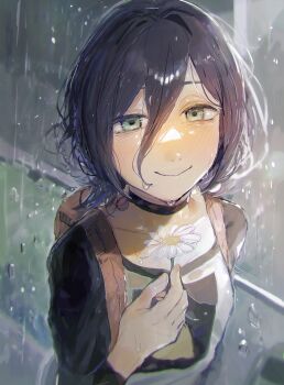 1girl backpack bag black_choker black_hair blush chainsaw_man choker closed_mouth collarbone commentary flower gloves green_eyes grenade_pin hair_between_eyes highres holding holding_flower kani39598876746 long_hair_between_eyes looking_at_viewer medium_hair outdoors rain reze_(chainsaw_man) solo upper_body wet wet_hair white_gloves