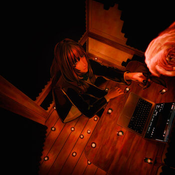 1girl absurdres ado_(utaite) candle chando_(ado) closed_mouth commentary_request computer fire flower highres holding holding_flower indoors laptop long_hair long_sleeves nail_polish red_theme rose solo tru_(true_root) utaite youtube