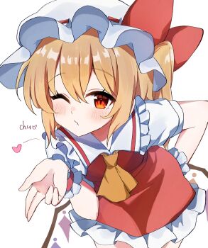 1girl ascot blonde_hair blowing_kiss blush crystal crystal_wings flandre_scarlet frilled_shirt_collar frills hair_between_eyes hat hat_ribbon heart highres koroyarou leaning_forward looking_at_viewer low_wings mob_cap one_eye_closed puffy_short_sleeves puffy_sleeves red_eyes red_skirt red_vest ribbon shirt short_hair short_sleeves side_ponytail simple_background skirt solo touhou vest white_background white_shirt wings wrist_cuffs yellow_ascot