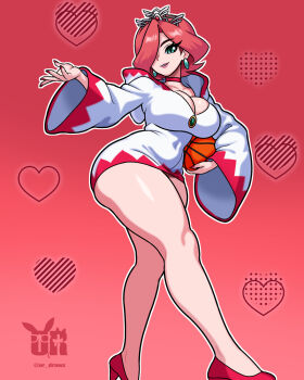 Rule 34 | 1girl, ball, bare legs, basketball, basketball (object), blush, breasts, cleavage, colored skin, crown, dress, earrings, full body, green eyes, hair over one eye, highres, hood, jewelry, legs, long sleeves, looking at viewer, mario (series), mario hoops 3-on-3, nintendo, or draws, pink hair, red hair, robe, short hair, simple background, smile, solo, standing, tiara, white dress, white mage (final fantasy), white skin