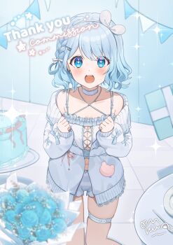 +_+ 1girl absurdres blue_bow blue_eyes blue_flower blue_hair blue_ribbon blue_rose bouquet bow box braid breasts cake cardigan choker cleavage collarbone commentary_request commission crop_top floor flower food frilled_cardigan frilled_choker frills gift gift_box hair_ribbon hairband highres midriff navel open_mouth pink_ribbon plate project_nebula ribbon rose ruu_hh second-party_source short_hair shorts skeb_commission solo spoon teeth thank_you thigh_strap upper_teeth_only usui_yura virtual_youtuber white_cardigan white_choker white_hairband white_shorts