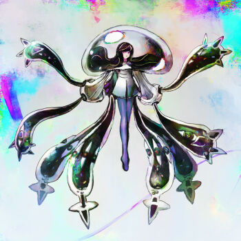 1girl black_hair byte_(grunty-hag1) closed_mouth commentary_request dress full_body gen_7_pokemon long_hair lusamine_(pokemon) lusamine_fused_(pokemon) nihilego nintendo no_shoes official_alternate_hair_color pantyhose pokemon pokemon_(creature) pokemon_sm purple_pantyhose spoilers tentacles ultra_beast