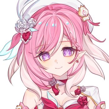 1girl artist_request breasts chinese_commentary commentary_request commission diamond-shaped_pupils diamond_(shape) dress earrings elf elysia_(hi_love_elf)_(honkai_impact) elysia_(honkai_impact) heart heart_earrings highres honkai_(series) honkai_impact_3rd jewelry looking_at_viewer medium_breasts multicolored_hair pink_hair pointy_ears purple_eyes red_dress second-party_source short_hair simple_background smile solo symbol-shaped_pupils two-tone_hair upper_body white_background white_hair