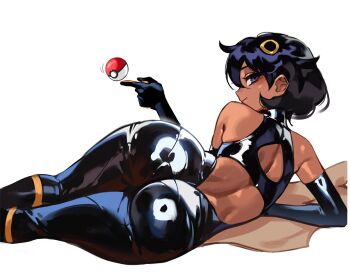 1girl absurdres ass black_bodysuit black_gloves black_hair blue_eyes bodysuit dark-skinned_female dark_skin elbow_gloves emma_(pokemon) foolish_potato gloves highres looking_at_viewer lying nintendo on_side poke_ball poke_ball_(basic) pokemon pokemon_legends:_z-a short_hair simple_background solo white_background